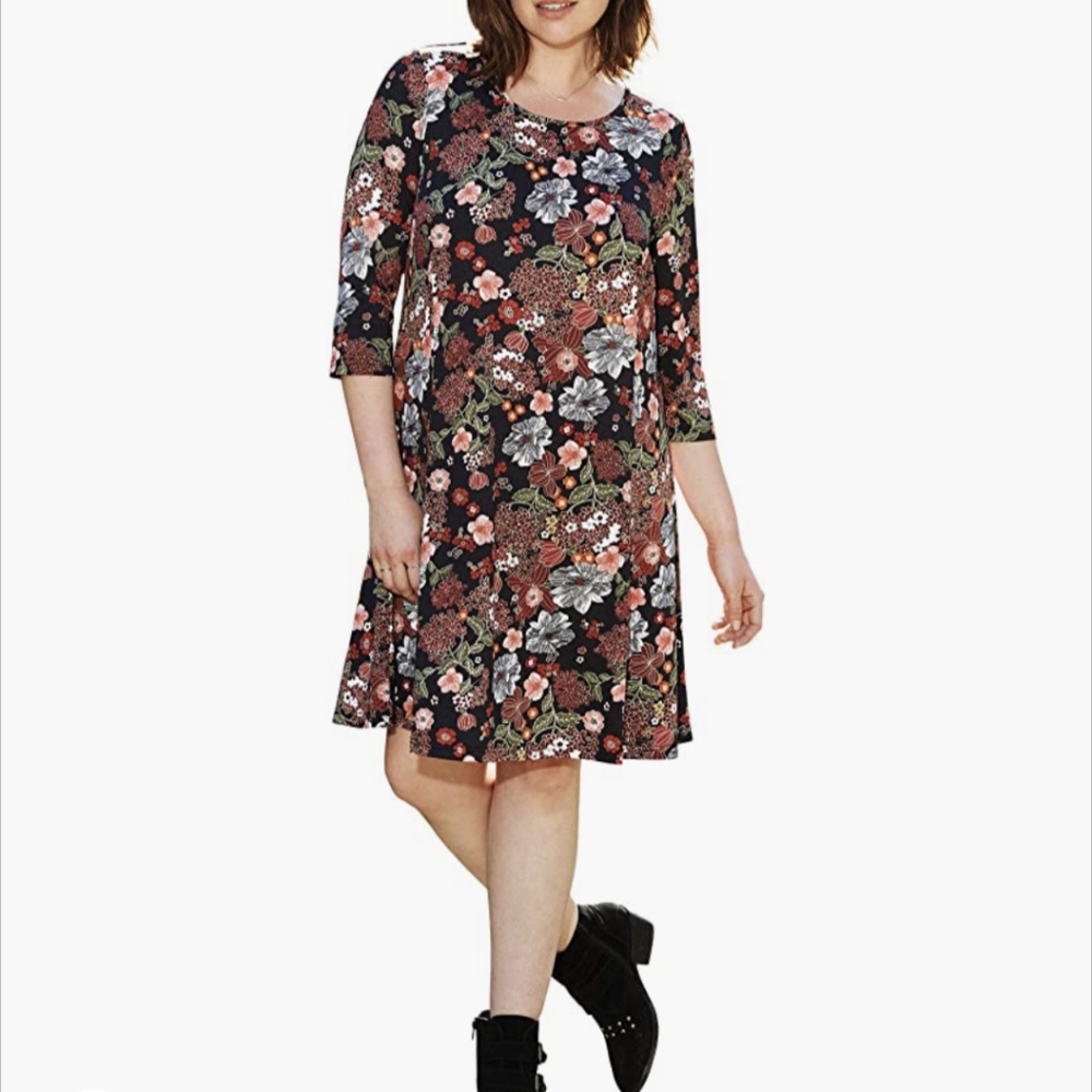Ellos size 2X navy Asian floral inspired 3/4 sleeve dress